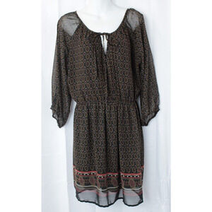 Feathers Sheath Short Dress Peasant Split Sleeve Women XL Boho Brown Lined‎